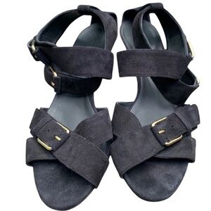 J. Crew Suede Sandals 7.5 Lucca Black Gold Hardware Cone Heel Made In Italy